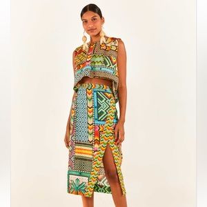 Farm Rio Banana Scarves Slit Midi Skirt XS